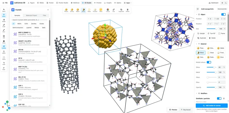 3D Studio: MOFs, a carbon nanotube and a gold nanoparticle from crystal files