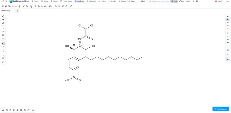 MolDraw: A nitrophenyl amide with wedge and hash stereo bonds
