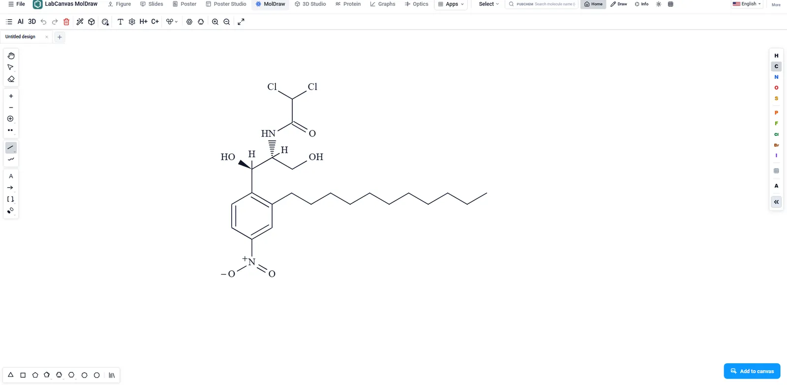 MolDraw: A nitrophenyl amide with wedge and hash stereo bonds