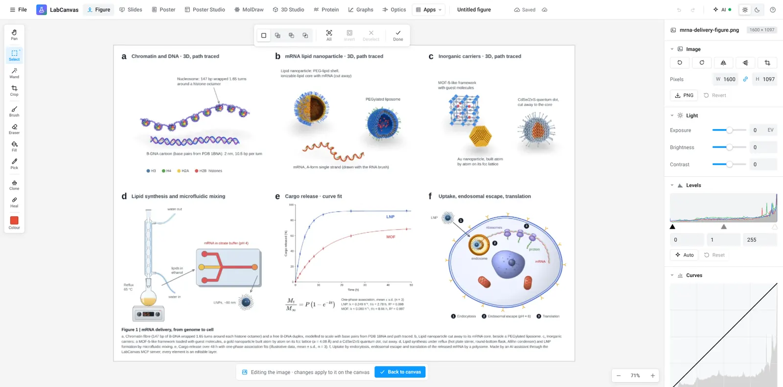Pixel editor: Levels and curves on a six-panel figure, without leaving the canvas