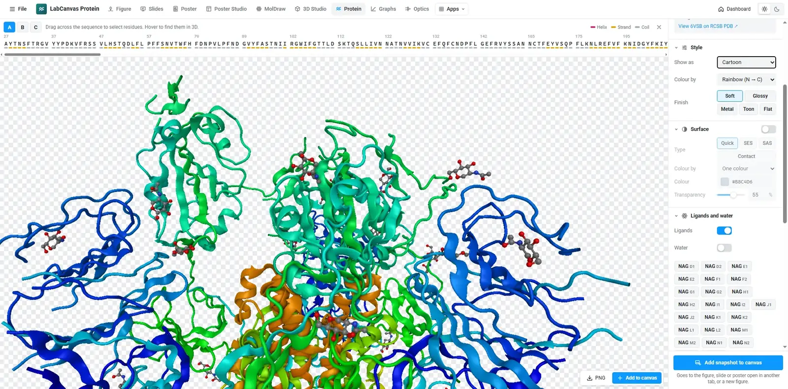 Protein viewer: SARS-CoV-2 spike (PDB 6VSB) with its glycans, coloured N → C
