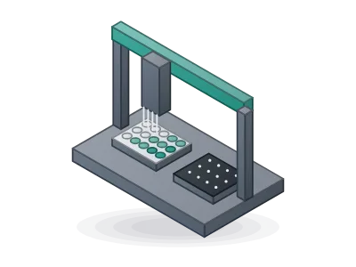 Liquid-handling robot: Icons for AI-driven, self-driving labs: robot arm, liquid-handling robot, pipette, well plate, AI chip, neural network, AI brain, server, GPU, database, cloud, LLM agent, machine-vision camera, mobile robot, automated reactor, closed loop, Bayesian optimisation, digital twin, IoT sensor, dashboard, sample tracking and workflow; 3D, flat or outline, in your colours