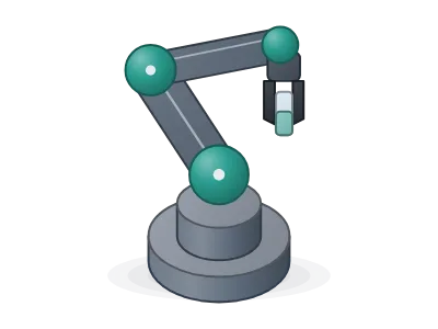 Robot arm: Icons for AI-driven, self-driving labs: robot arm, liquid-handling robot, pipette, well plate, AI chip, neural network, AI brain, server, GPU, database, cloud, LLM agent, machine-vision camera, mobile robot, automated reactor, closed loop, Bayesian optimisation, digital twin, IoT sensor, dashboard, sample tracking and workflow; 3D, flat or outline, in your colours