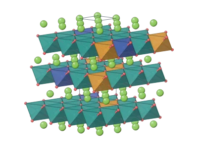 NMC811 (layered): Battery electrode materials atom by atom from their crystal structures: layered LiCoO₂ and NMC (R-3m), olivine LiFePO₄ (Pnma), spinel LiMn₂O₄ (Fd-3m), graphite and LiC₆; polyhedra or ball-and-stick, lithium taken out evenly or behind a two-phase front, diffusion paths and the unit cell