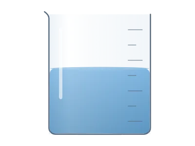Beaker: Glass beaker with liquid, graduations, bubbles and stir bar