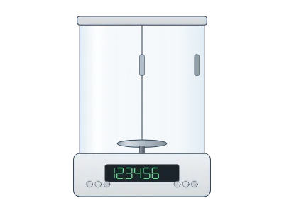 Analytical balance: Analytical balance with glass draft shield and a reading (g); glassware stands on the pan