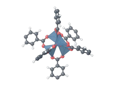 Zn₄O cluster with linkers (MOF-5): The inorganic node of a MOF, atom by atom: Zn₄O (MOF-5), Cu paddlewheel (HKUST-1), Zr₆ cluster (UiO-66) with defects, M₃O trimer (MIL-101), Zn(mIm)₄ (ZIF-8) or an open metal site; ball and stick or coordination polyhedra