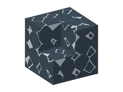 Porous solids (3D): A cube cut out of a porous material in 3D: closed-cell foam, open-cell foam (Kelvin struts), random bicontinuous sponge, ordered mesoporous silica (hexagonal channels, MCM-41, SBA-15), inverse opal, hierarchical macro- and mesopores, aerogel particle network or packed bed; pore fraction, pores across, irregularity; six side by side; IUPAC pore classes; editable labels
