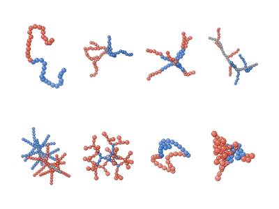 Polymer architectures: linear to hyperbranched (3D): Polymer chains in 3D, monomer by monomer: linear, branched, star, comb, bottlebrush, dendrimer, ring and hyperbranched; monomer order homopolymer, random, alternating, block (AB, ABA, ABC, multiblock), gradient or graft, one colour per monomer; random coil, extended chain, globule or helix; beads, beads on sticks or smooth tubes; radius of gyration and end-to-end vector measured on the drawn chain; galleries of all architectures, orders and shapes; editable labels