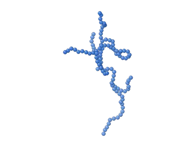 Branched polymer with long-chain branches (3D): Polymer chains in 3D, monomer by monomer: linear, branched, star, comb, bottlebrush, dendrimer, ring and hyperbranched; monomer order homopolymer, random, alternating, block (AB, ABA, ABC, multiblock), gradient or graft, one colour per monomer; random coil, extended chain, globule or helix; beads, beads on sticks or smooth tubes; radius of gyration and end-to-end vector measured on the drawn chain; galleries of all architectures, orders and shapes; editable labels