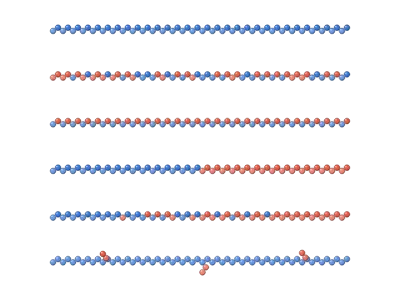 Copolymer sequences: random, alternating, block, gradient, graft: Polymer chains in 3D, monomer by monomer: linear, branched, star, comb, bottlebrush, dendrimer, ring and hyperbranched; monomer order homopolymer, random, alternating, block (AB, ABA, ABC, multiblock), gradient or graft, one colour per monomer; random coil, extended chain, globule or helix; beads, beads on sticks or smooth tubes; radius of gyration and end-to-end vector measured on the drawn chain; galleries of all architectures, orders and shapes; editable labels