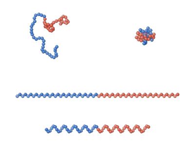 Chain conformations: coil, globule, extended, helix (3D): Polymer chains in 3D, monomer by monomer: linear, branched, star, comb, bottlebrush, dendrimer, ring and hyperbranched; monomer order homopolymer, random, alternating, block (AB, ABA, ABC, multiblock), gradient or graft, one colour per monomer; random coil, extended chain, globule or helix; beads, beads on sticks or smooth tubes; radius of gyration and end-to-end vector measured on the drawn chain; galleries of all architectures, orders and shapes; editable labels