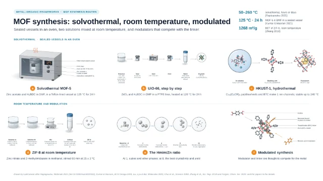 MOF synthesis: solvothermal, room temperature, modulated: editable figure template
