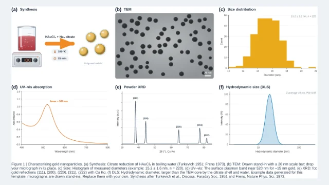 Six-panel figure: characterizing gold nanoparticles: editable figure template