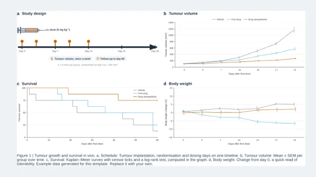 Four-panel figure: tumour growth and survival in vivo: editable figure template