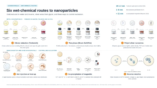Six wet-chemical routes to nanoparticles: editable figure template
