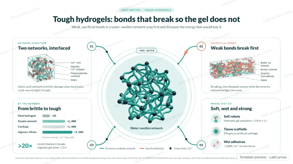 Tough hydrogels: sacrificial bonds that break so the gel does not: preview of the editable figure template